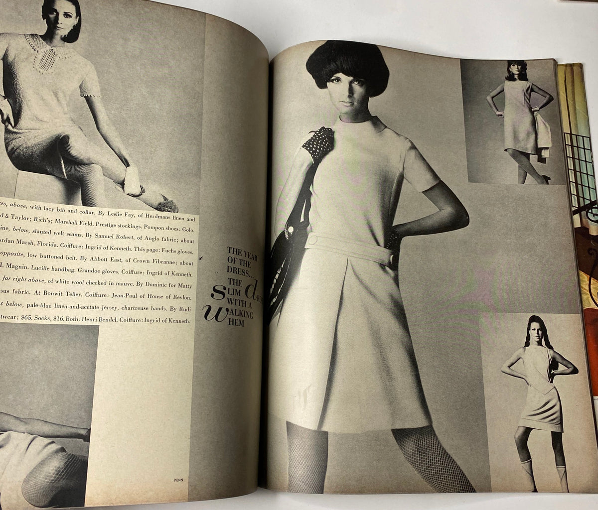 Vogue Magazine March 1, 1966 presents a fashion spread celebrating 'The Year of the Dress,' featuring a model in a sleek, modern outfit with a structured hem.