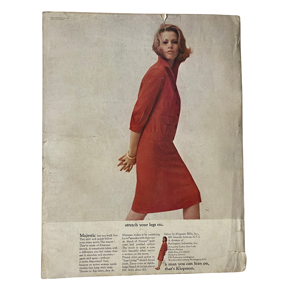 Vogue Magazine March 1, 1966 displays a full-page fashion image of a model dressed in a bold red suit, promoting a chic 1960s aesthetic.