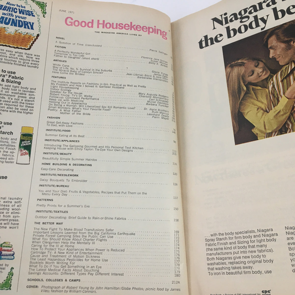 Inside pages of Good Housekeeping Magazine from June 1971 featuring the table of contents including articles on fashion, food, and beauty, along with a photo of a couple. The magazine includes topics like love, sex, and personal wellness, reflecting the magazine's editorial style.