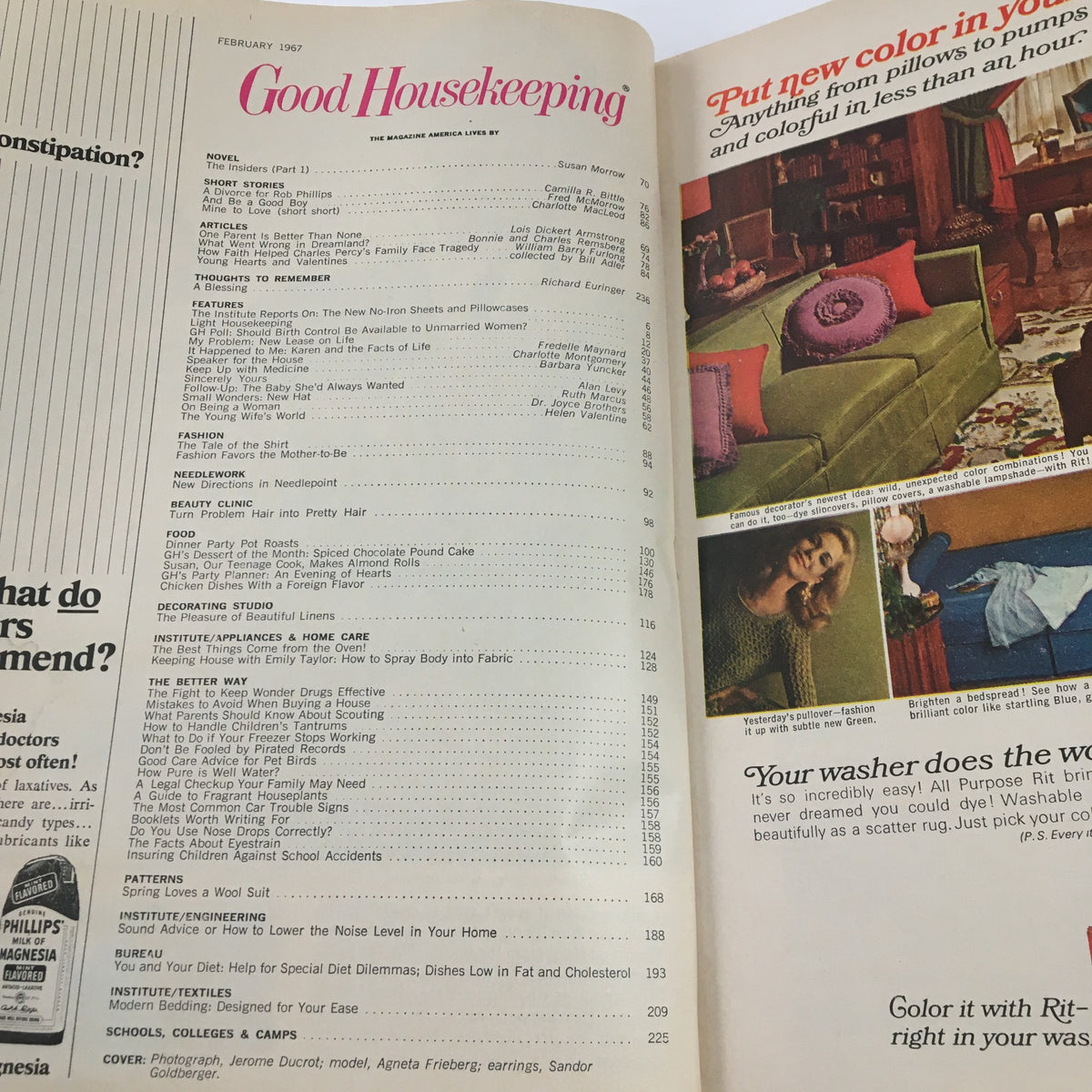Interior page of Good Housekeeping Magazine February 1967 displaying the table of contents, featuring various articles and topics including family insights and lifestyle tips relevant to the era.