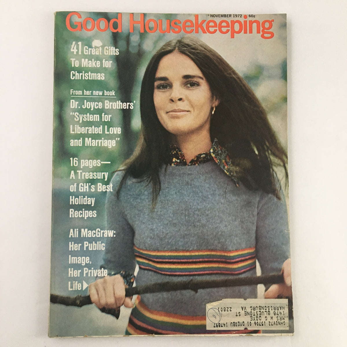 Good Housekeeping Magazine cover for November 1972 featuring Ali MacGraw, showcasing her public image with a focus on vintage pop culture.