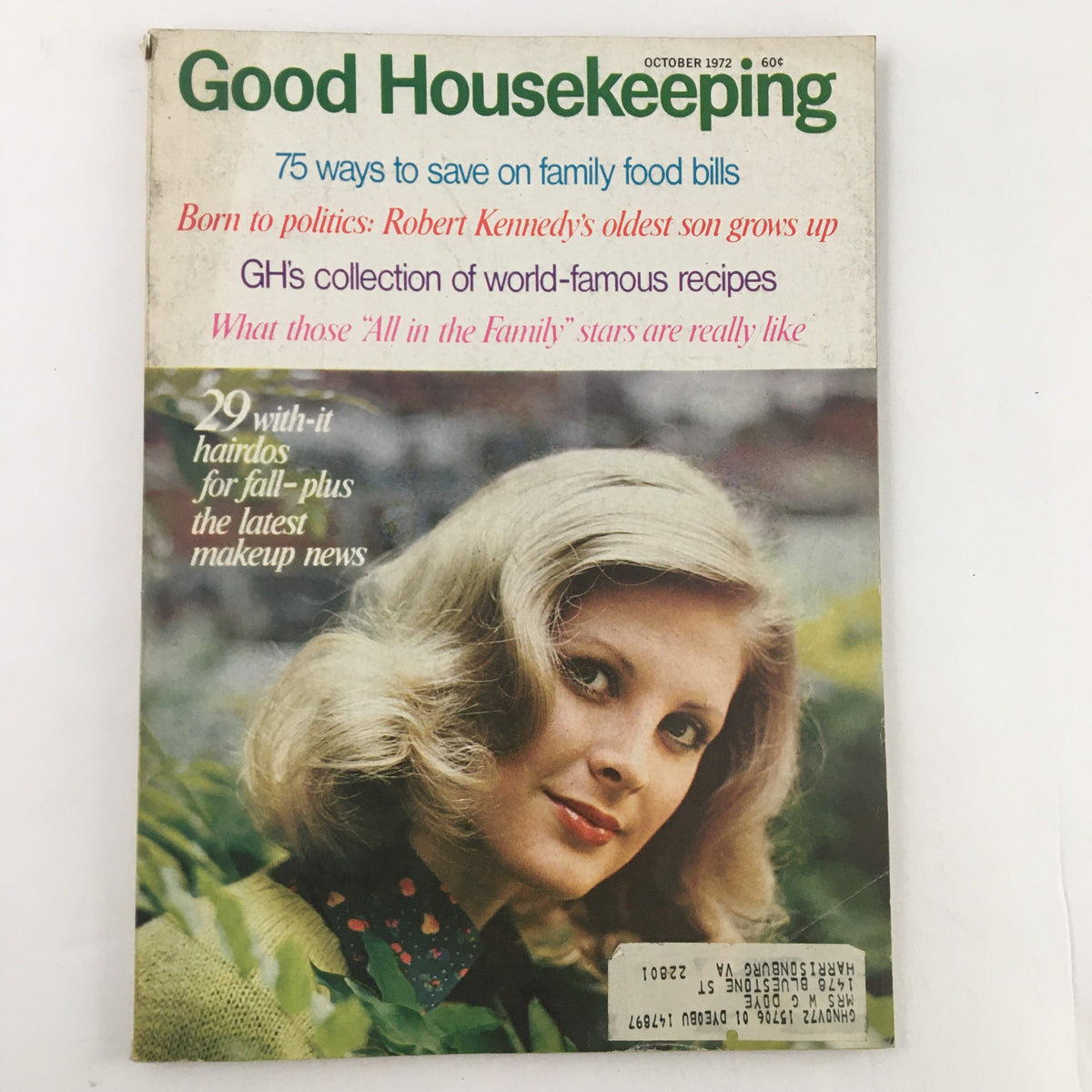 Good Housekeeping Magazine cover from October 1972 featuring the title 'Good Housekeeping Magazine October 1972 Robert Kennedy's Oldest Son Grows Up'. The cover includes highlights such as '75 ways to save on family food bills' and '29 with-it hairdos for fall'.