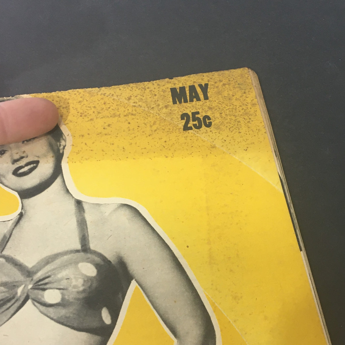 Detail of the May 1949 VTG Picture Show for Men Magazine showcasing the cover and price at 25 cents. The image captures the vintage aesthetic of the era.
