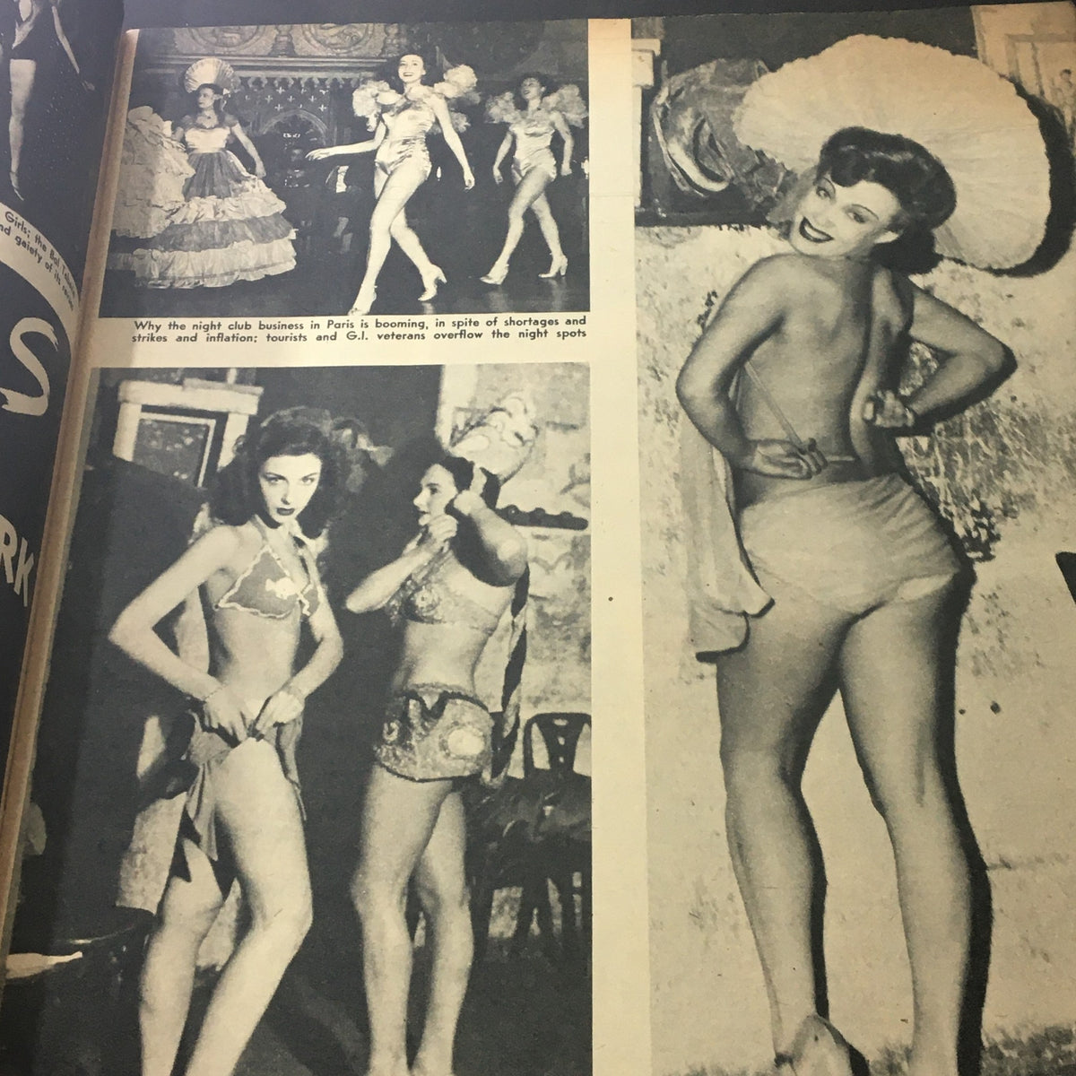 Vintage VTG Picture Show for Men Magazine May 1949 featuring stunning black and white images of female performers in Parisian nightclubs, showcasing the glamour and allure of the era.