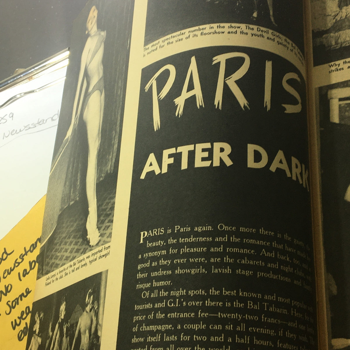 Interior page of VTG Picture Show for Men Magazine May 1949 highlighting the text 'Paris After Dark' and emphasizing the beauty and romance of Parisian nightlife.