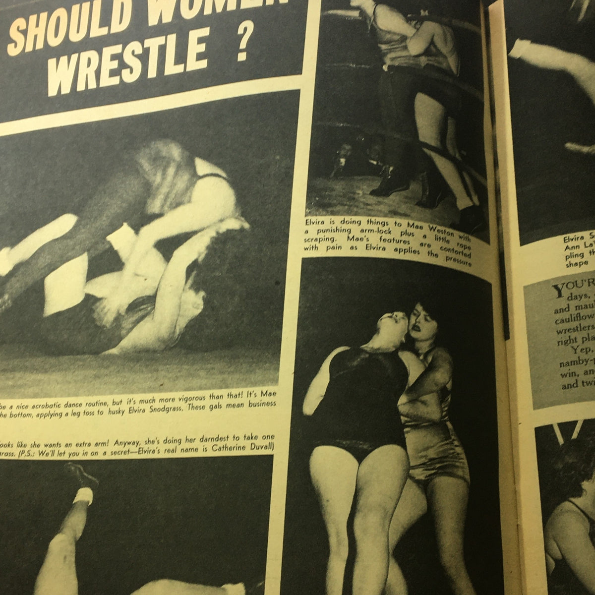 Article page from VTG Picture Show for Men Magazine May 1949 questioning 'Should Women Wrestle?' featuring black and white images of female wrestlers in action.