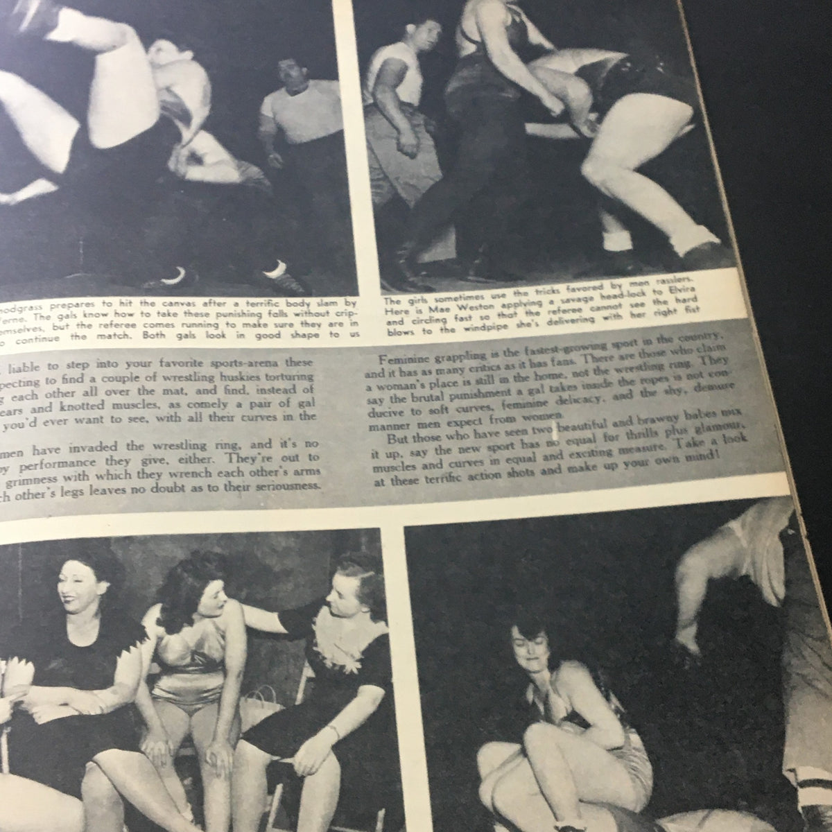 Dynamic wrestling scenes in VTG Picture Show for Men Magazine May 1949 depicting women engaged in competitive wrestling with energetic action shots.