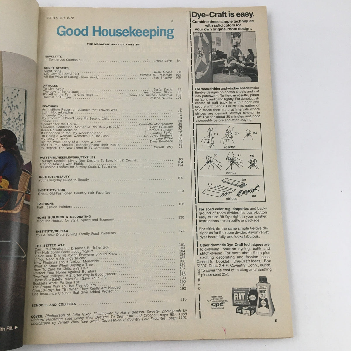 Interior page of Good Housekeeping Magazine September 1972 displaying the contents list, including articles on lifestyle, decorating, and crafts.