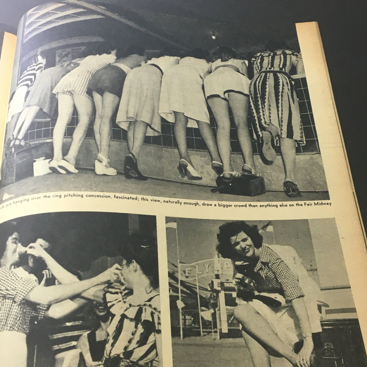 Vintage May 1949 issue of VTG Picture Show for Men Magazine featuring women in 1940s fashion leaning over a ledge at a fair, showcasing the playful spirit of the post-war era.