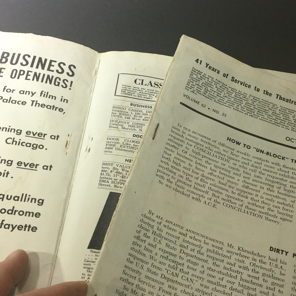 Interior pages of VTG Motion Picture Exhibitor October 21 1959 featuring business openings and classified advertisements.