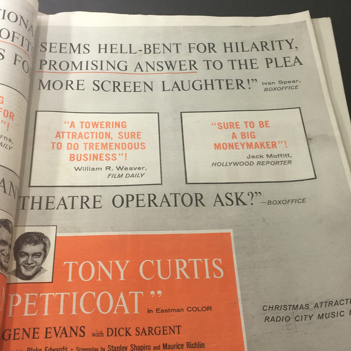Promotional page from VTG Motion Picture Exhibitor October 21 1959 showcasing a film titled 'Petticoat' with reviews by film critics.