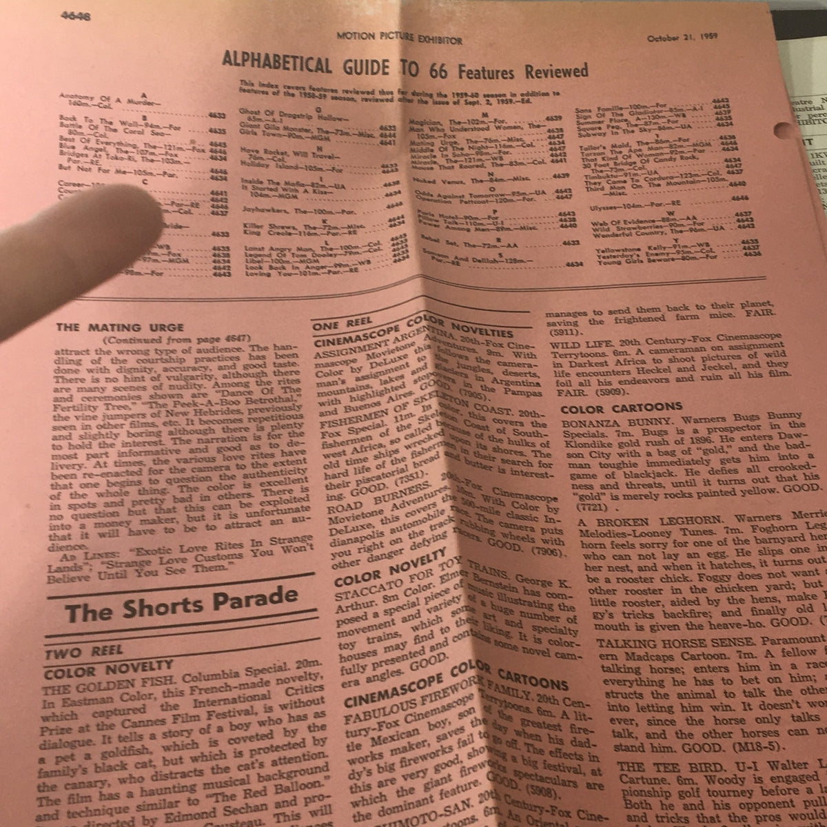 Inside page of VTG Motion Picture Exhibitor, October 21, 1959, showcasing the alphabetical guide to 66 features reviewed, a glimpse into the film industry trends of the era.
