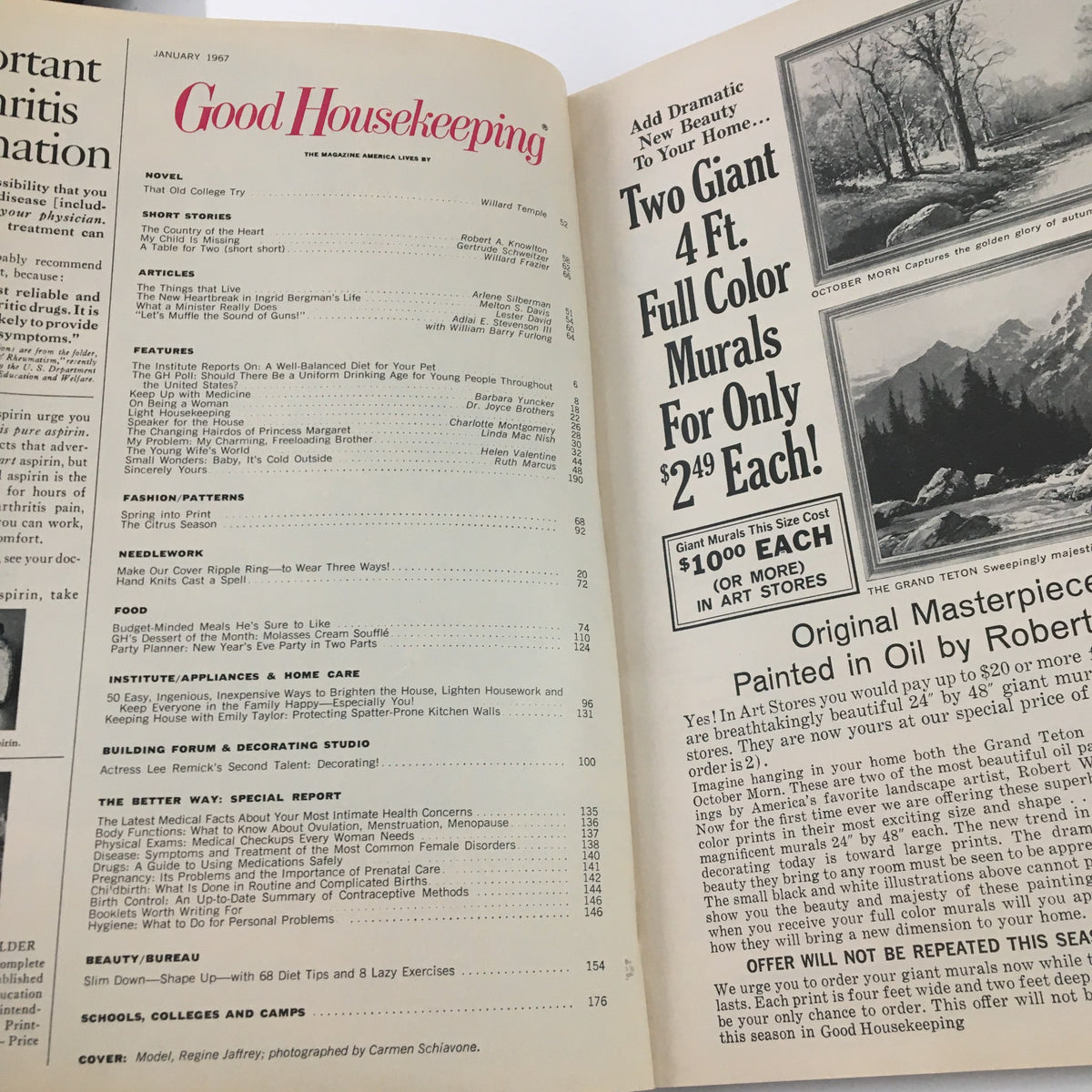 Inside page of Good Housekeeping Magazine January 1967 displaying the table of contents, showcasing features, articles, and advertisements from the era.