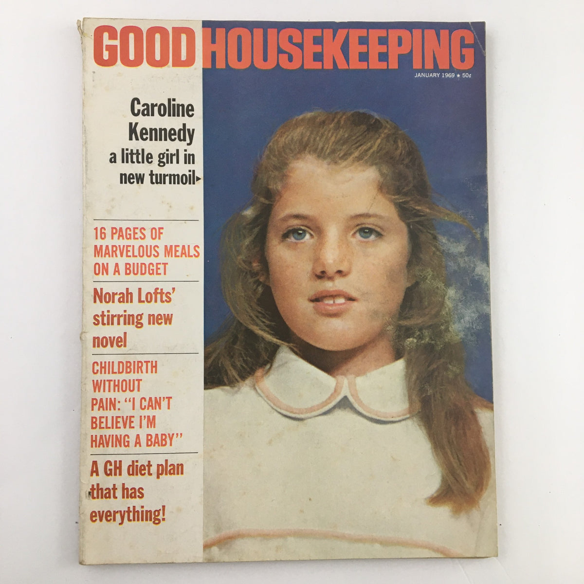 Good Housekeeping Magazine January 1969 featuring Caroline Kennedy on the cover, highlighting a captivating story about her during a challenging period in her life.