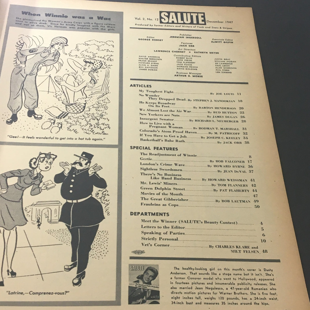 Illustrated vintage page from VTG Salute Magazine December 1947 featuring humorous cartoons and content about the Women's Army Corps, reflecting cultural themes of the post-war era.