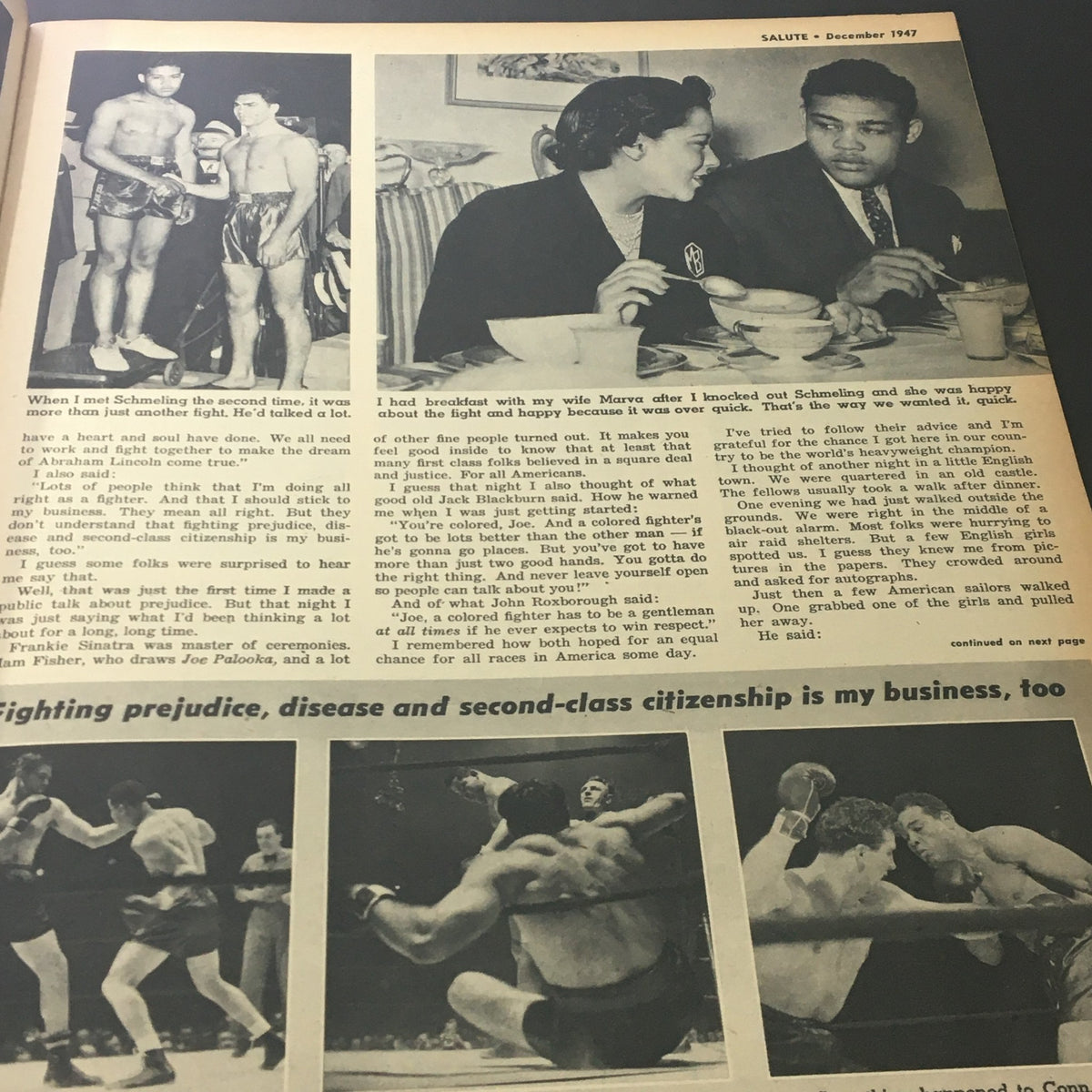 Historic black and white images from VTG Salute Magazine December 1947 featuring notable personalities discussing race, prejudice, and boxing, highlighting societal issues of the time.