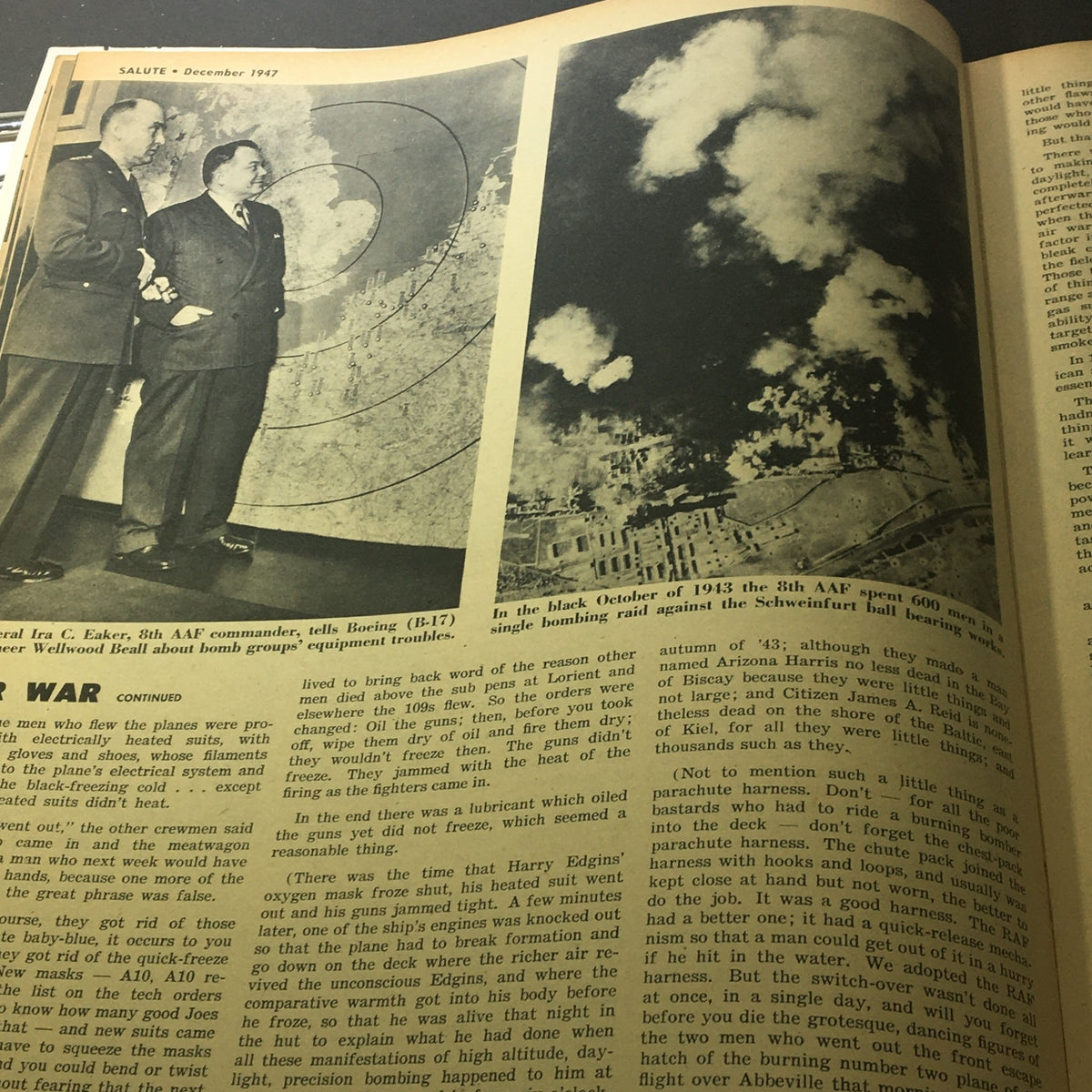 Page from VTG Salute Magazine December 1947 that depicts military officers discussing bombing strategy, exemplifying the magazine's focus on post-war military themes.