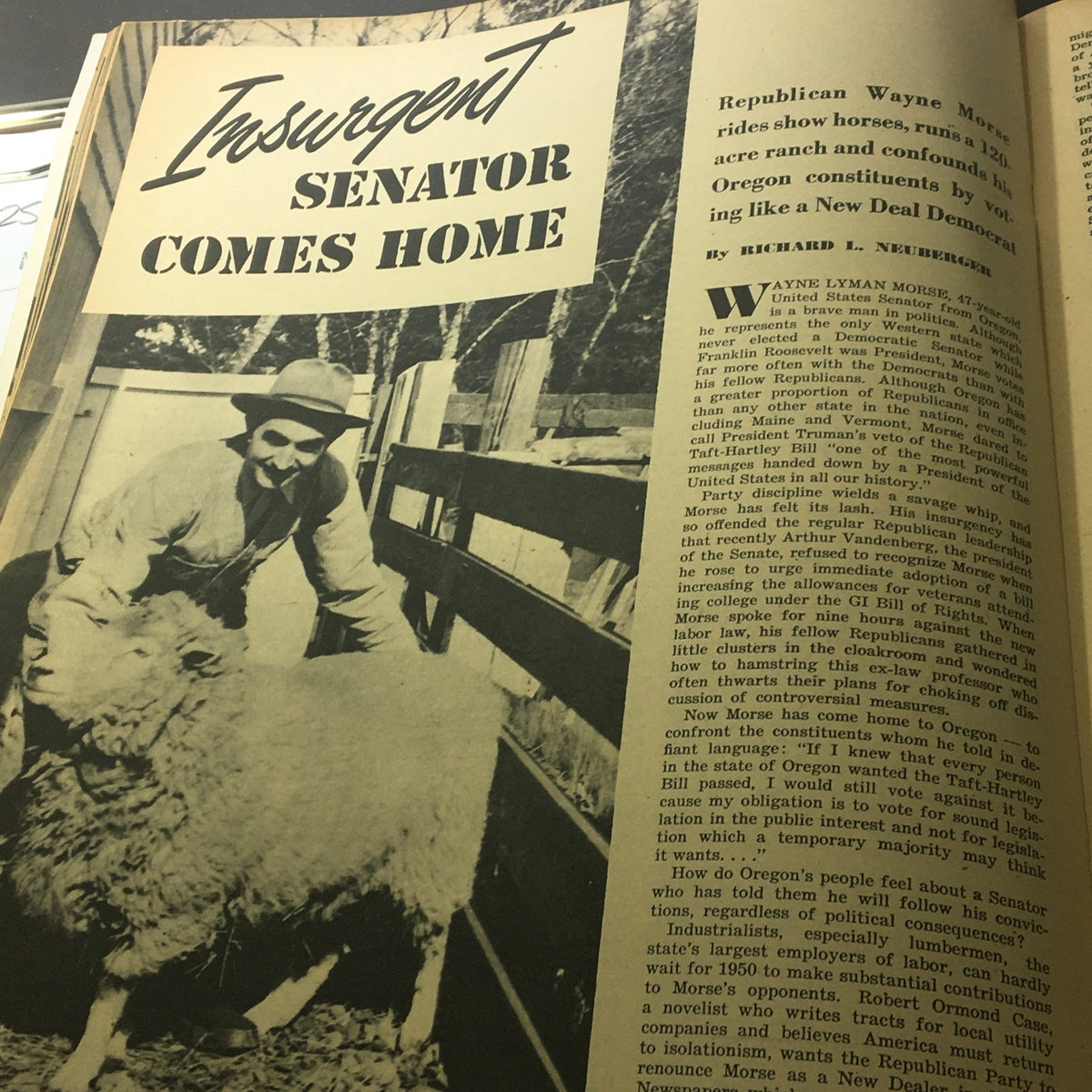 VTG Salute Magazine December 1947 featuring an article on Insurgent Senator Wayne Morse with a photograph of him on his ranch, showcasing vintage journalism.