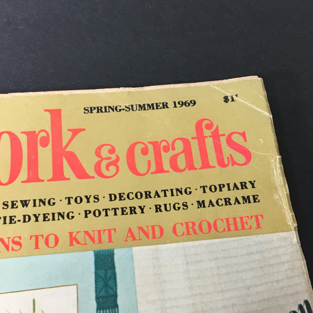 Close-up of the title and details from VTG McCall's Needlework & Crafts Magazine Spring Summer 1969, showcasing crafting categories such as sewing, toys, and macrame.