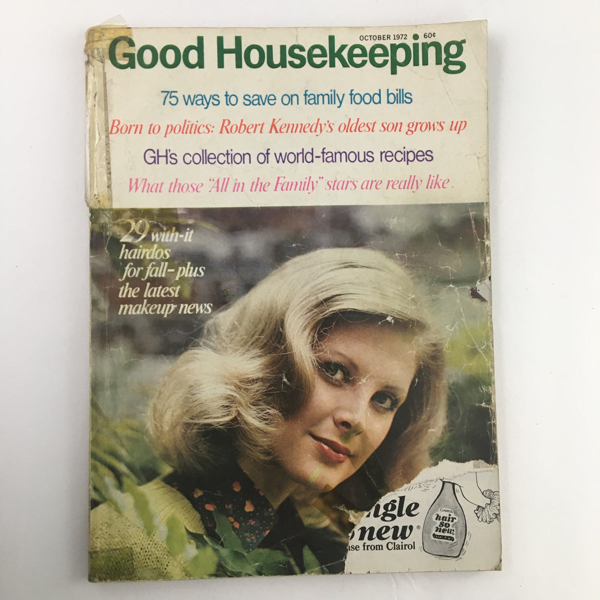 Good Housekeeping Magazine October 1972 cover featuring a woman with blonde hair and articles on family food bills and Robert Kennedy's son.