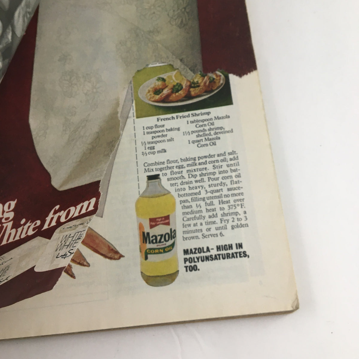Back side of Good Housekeeping Magazine October 1972 displaying a recipe and an advertisement for Mazola Corn Oil.