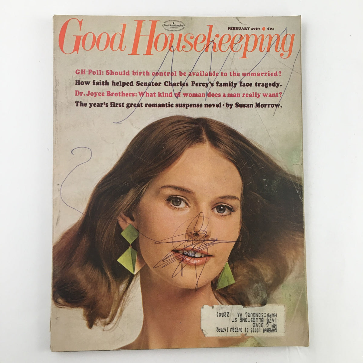 Cover of Good Housekeeping Magazine February 1967 featuring a woman with earrings, highlighting the article about Charles Percy and themes of faith helping through tragedy.