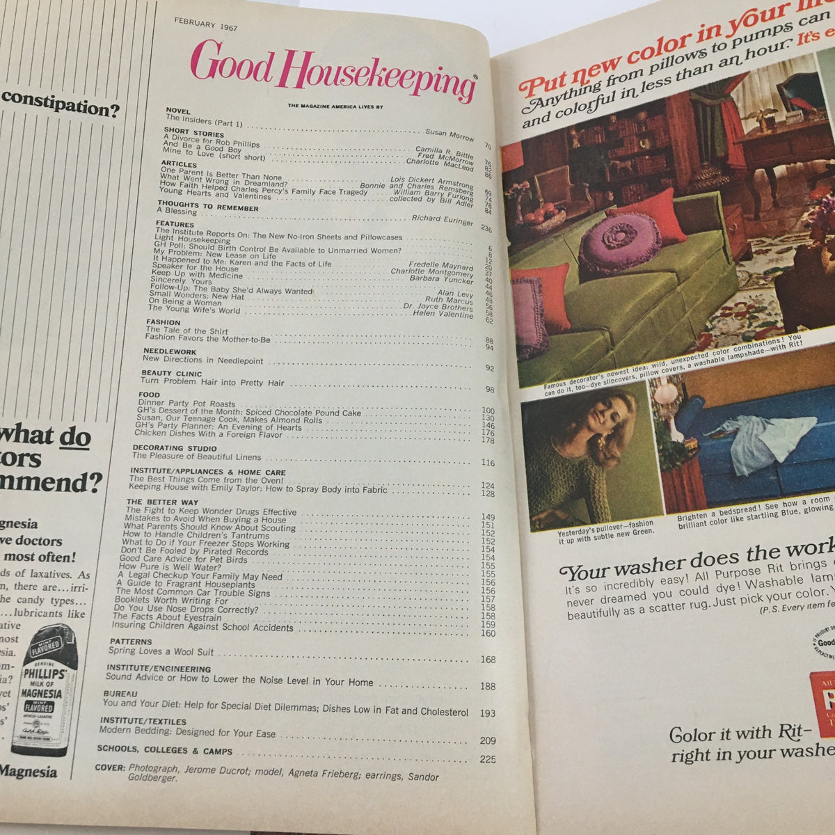 Inside page of Good Housekeeping Magazine February 1967, displaying the table of contents with articles including features on fashion, beauty, food, and life advice relevant to the 1960s.