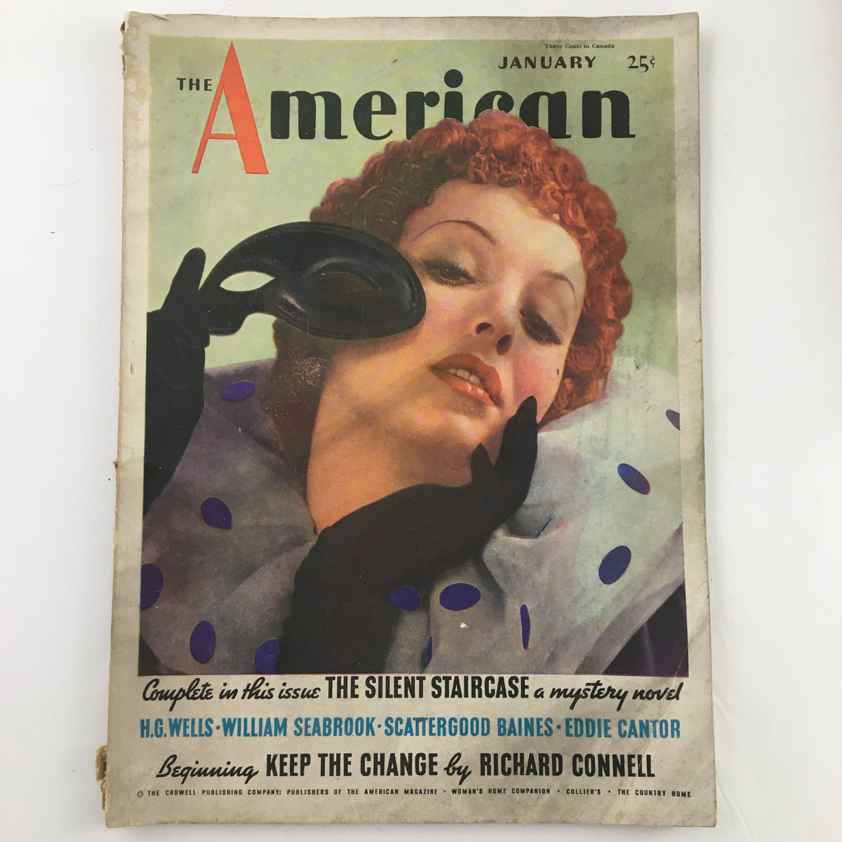 Cover of The American Magazine, January 1936 featuring 'The Silent Staircase' mystery novel, showcasing vibrant illustration of a woman wearing a black glove, with a beautiful vintage design.