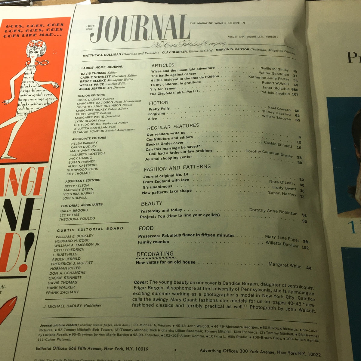 Interior page of the VTG Journal Magazine August 1964 showcasing literary contents and articles. Notable contributions from Katherine Anne Porter and William Saroyan, reflecting mid-20th century fiction.