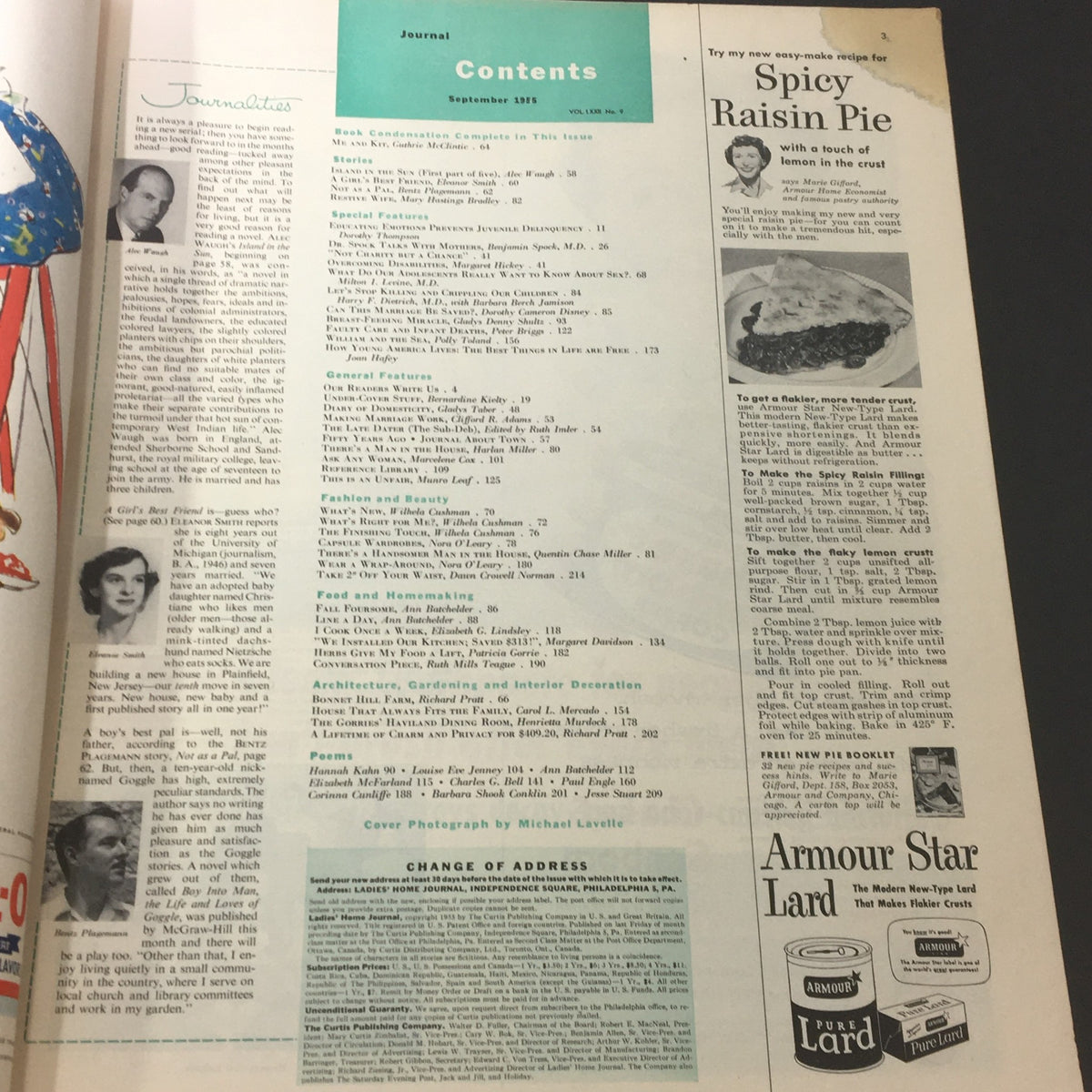 Inside page of the VTG Journal Magazine September 1955, showing the table of contents with articles related to women's interests.