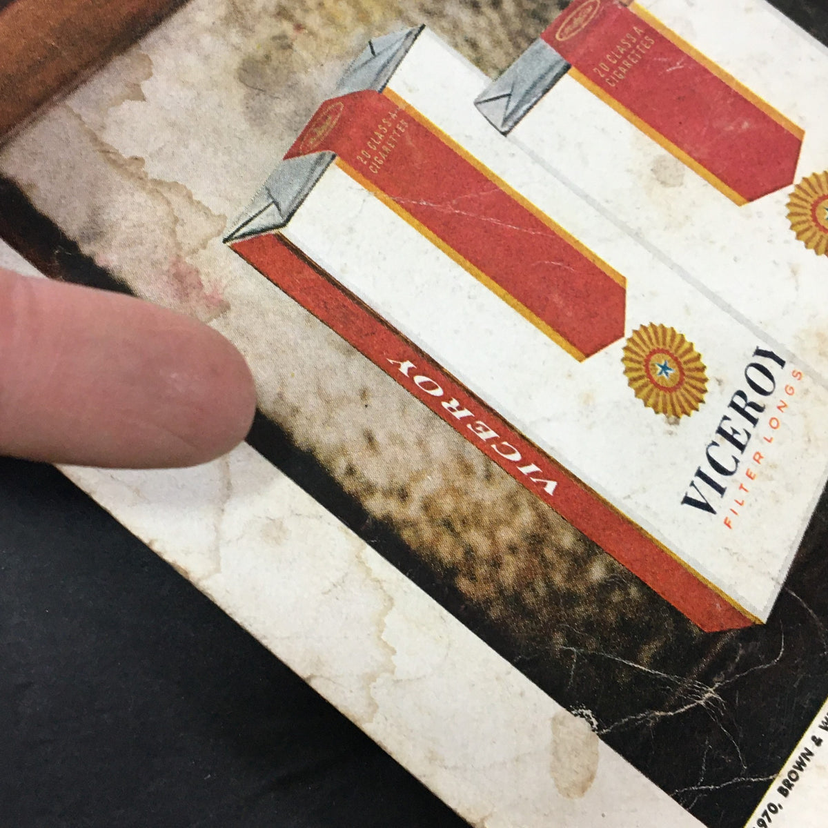 Close-up of Viceroy cigarettes on the back cover of VG Journal Magazine January 1971, emphasizing vintage cigarette branding and packaging.