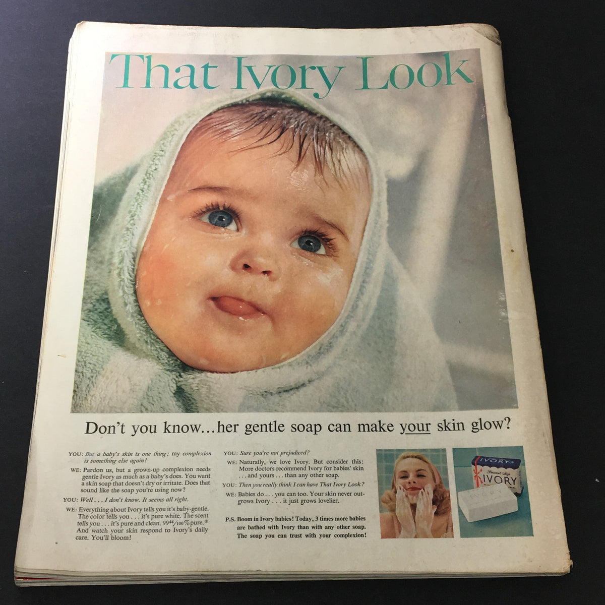 Back cover advertisement of VTG Journal Magazine May 1960 featuring a baby wrapped in a towel, promoting Ivory soap with engaging text.