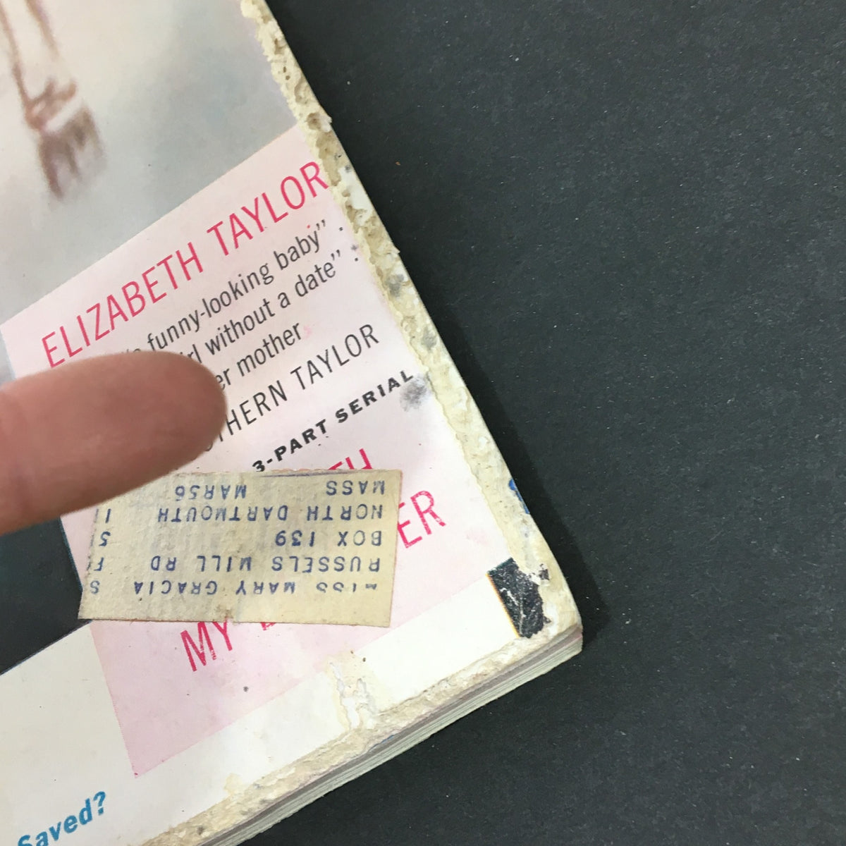 Back detail of the VTG Journal Magazine February 1954, showing an address label and additional features related to Elizabeth Taylor.