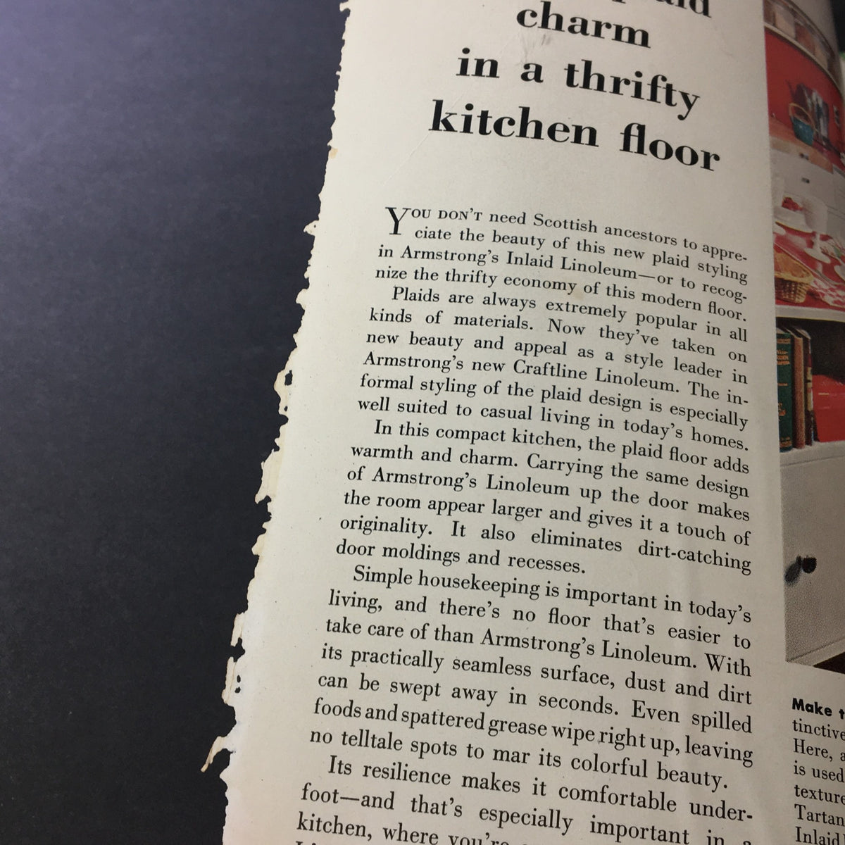 Detail view of the VTG Journal Magazine February 1954, featuring an article on Armstrong's Inlaid Linoleum flooring, showcasing its advantages and aesthetic appeal.