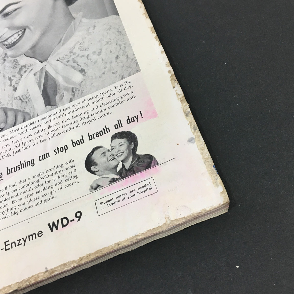 Illustration from the VTG Journal Magazine February 1954, highlighting dental hygiene with an advertisement for Ipana toothpaste, featuring a smiling woman and a couple.