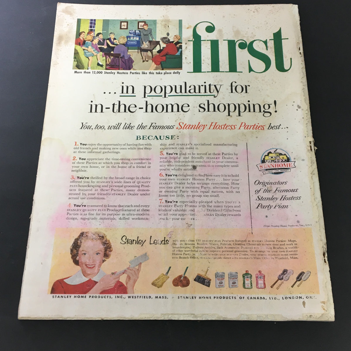 Back cover of the VTG Journal Magazine February 1954, presenting a colorful advertisement for Stanley Hostess Parties, showcasing in-home shopping benefits.