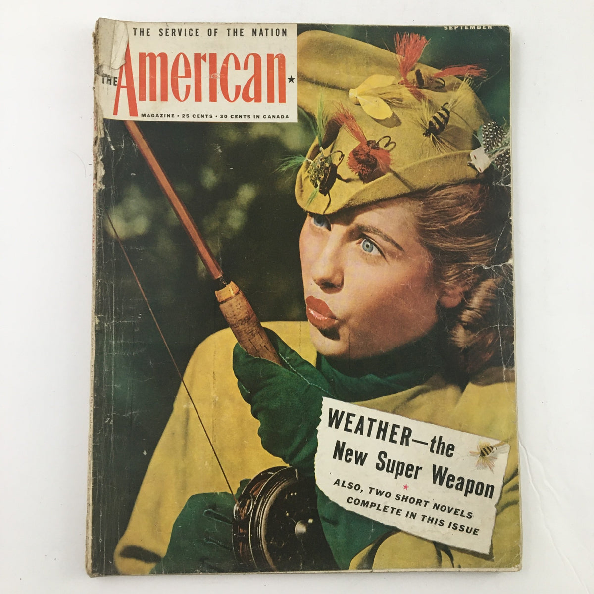 Cover image of The American Magazine September 1946 featuring the title 'Weather: The New Super Weapon', showcasing a woman in period attire holding a fishing rod.