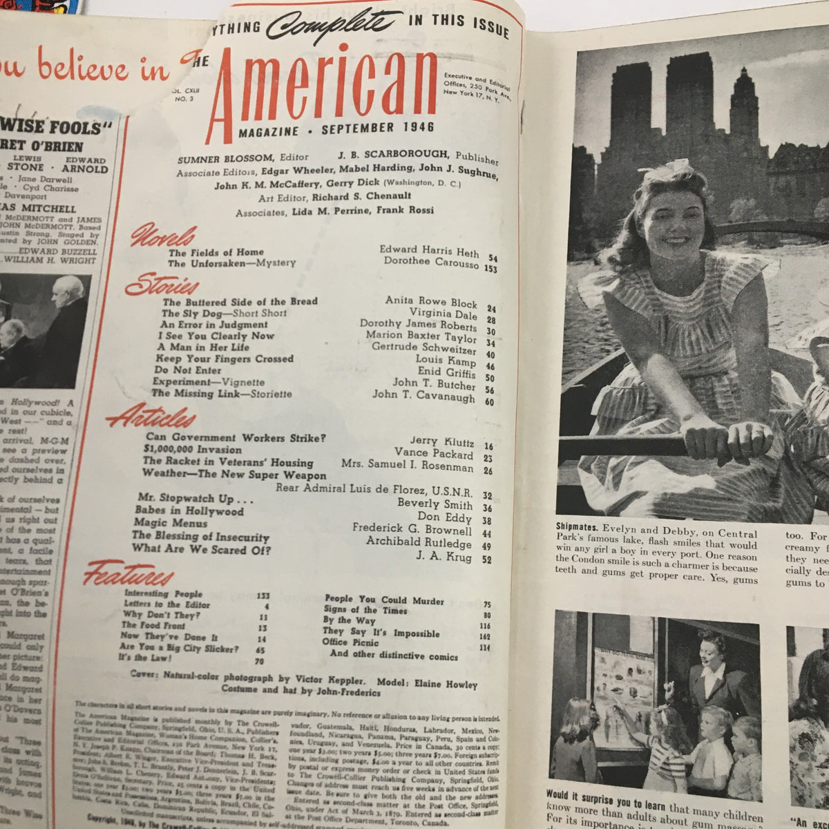 The contents page of The American Magazine September 1946 listing articles such as 'Weather: The New Super Weapon', providing insights into historical topics covered in this magazine.