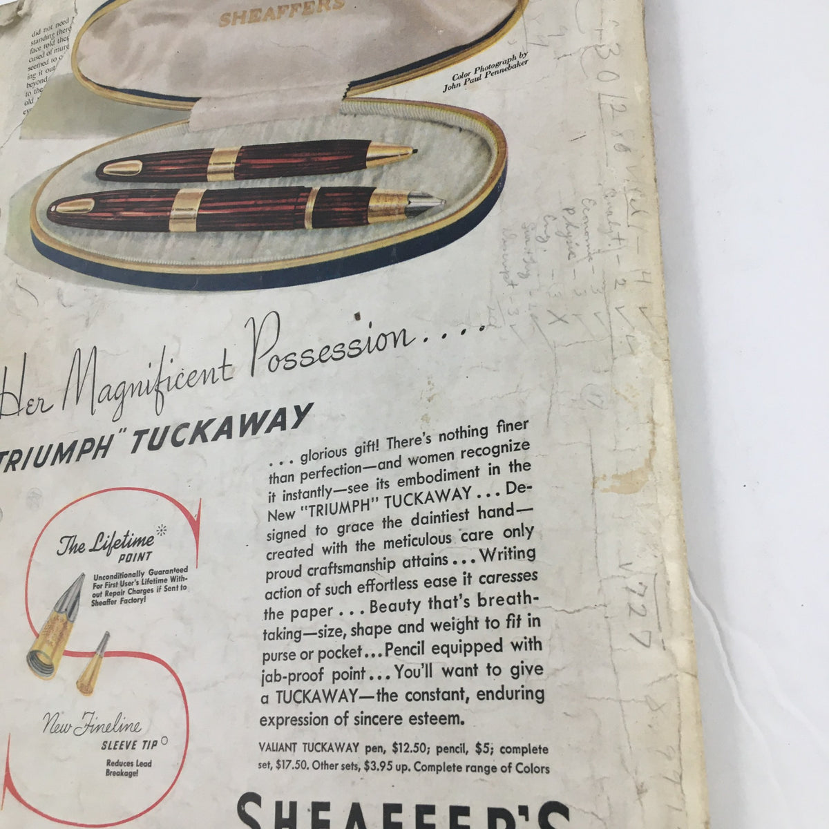Vintage advertisement for Sheaffer’s Triumph Tuckaway pens, featuring a stylish box containing two pens, showcasing their elegant design and promotional text highlighting the pen's craftsmanship and features. Related to The American Magazine September 1946.