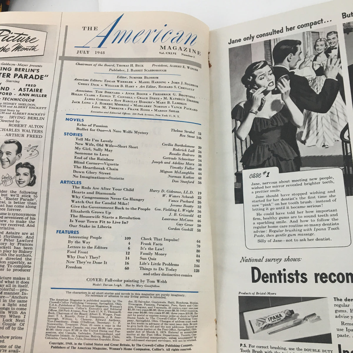Inside page of The American Magazine July 1948 displaying the table of contents and various articles featured in the issue.
