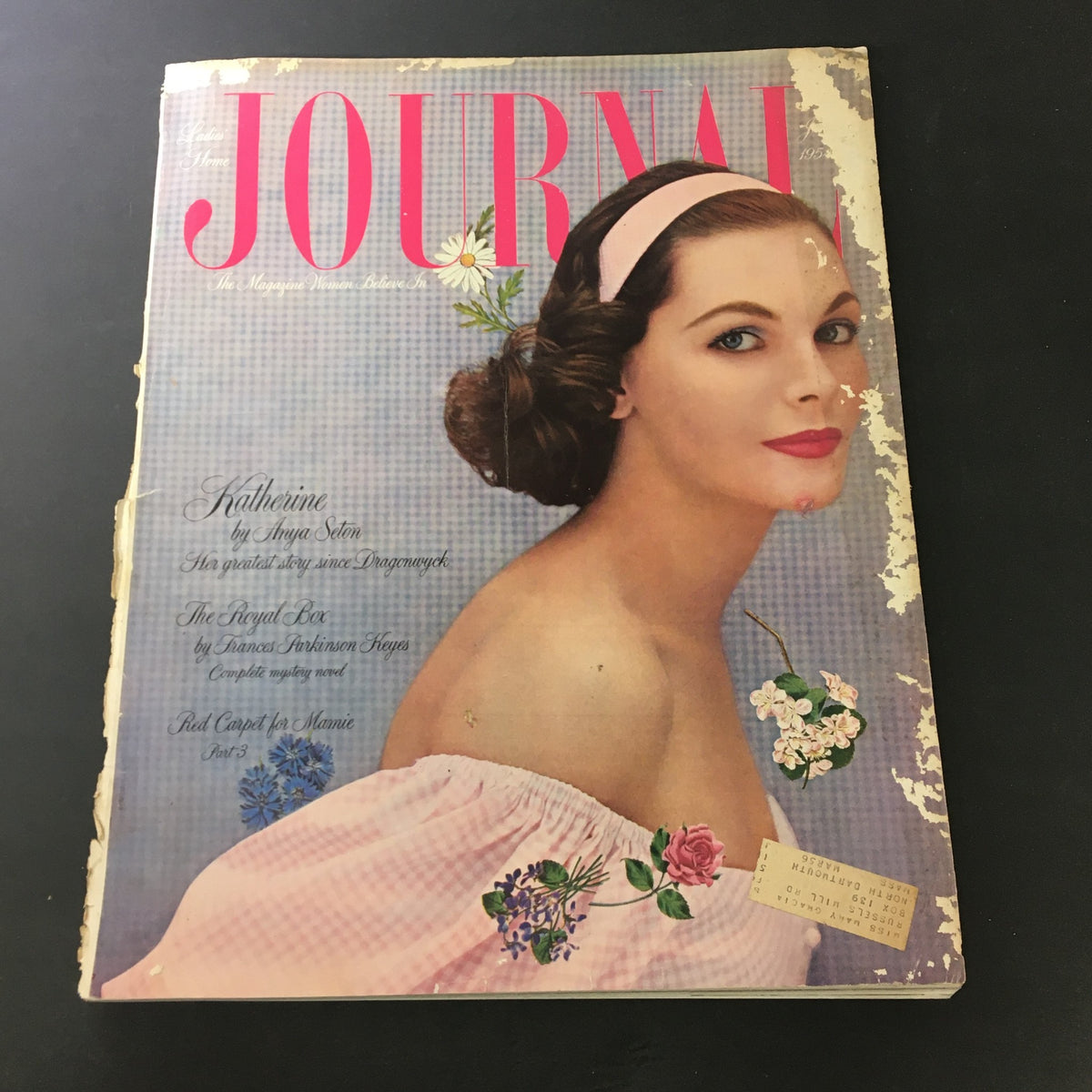 VTG Journal Magazine June 1954 cover featuring a portrait of Katherine by Anya Seton, showcasing a vintage aesthetic with floral accents and bold typography.