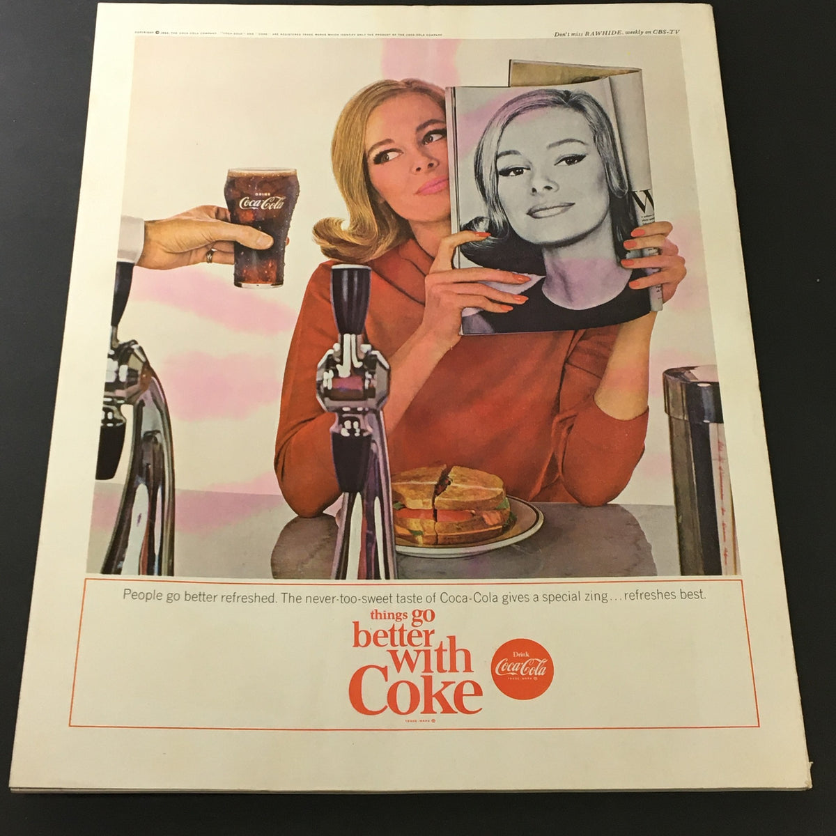 Back cover of VTG Journal Magazine March 1964 featuring a Coca-Cola advertisement, promoting the beverage with a stylish vintage illustration.