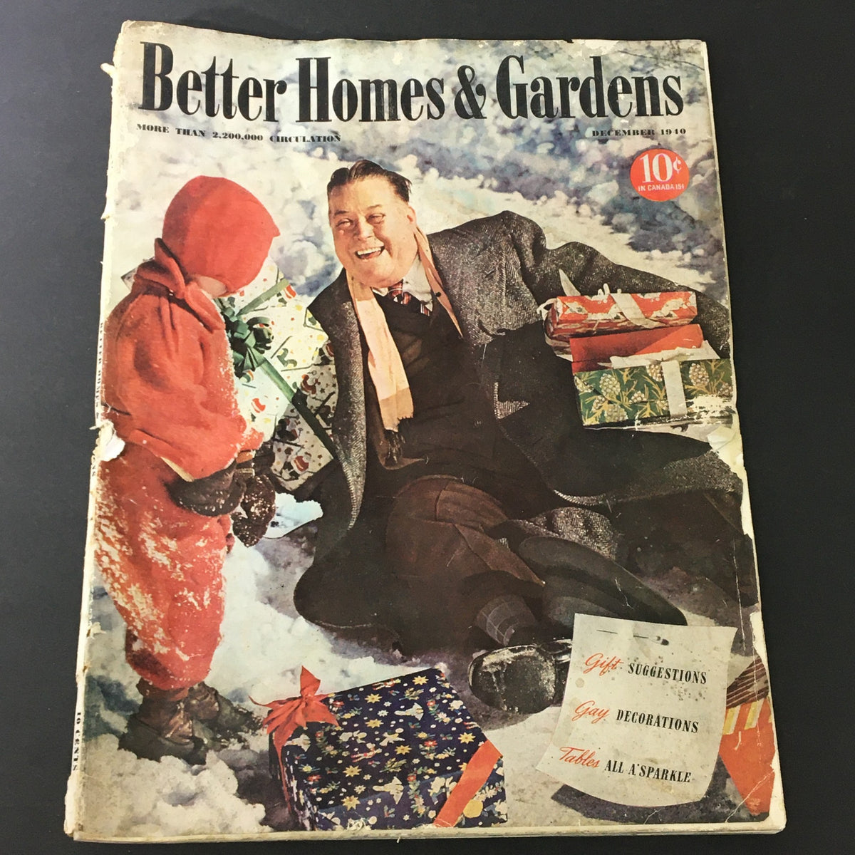 Cover of VTG Better Homes & Gardens December 1940 Vol 19 #4 featuring a smiling man with gifts beside a child in winter attire, surrounded by snowy scenery, showcasing holiday spirit and festive cheer.