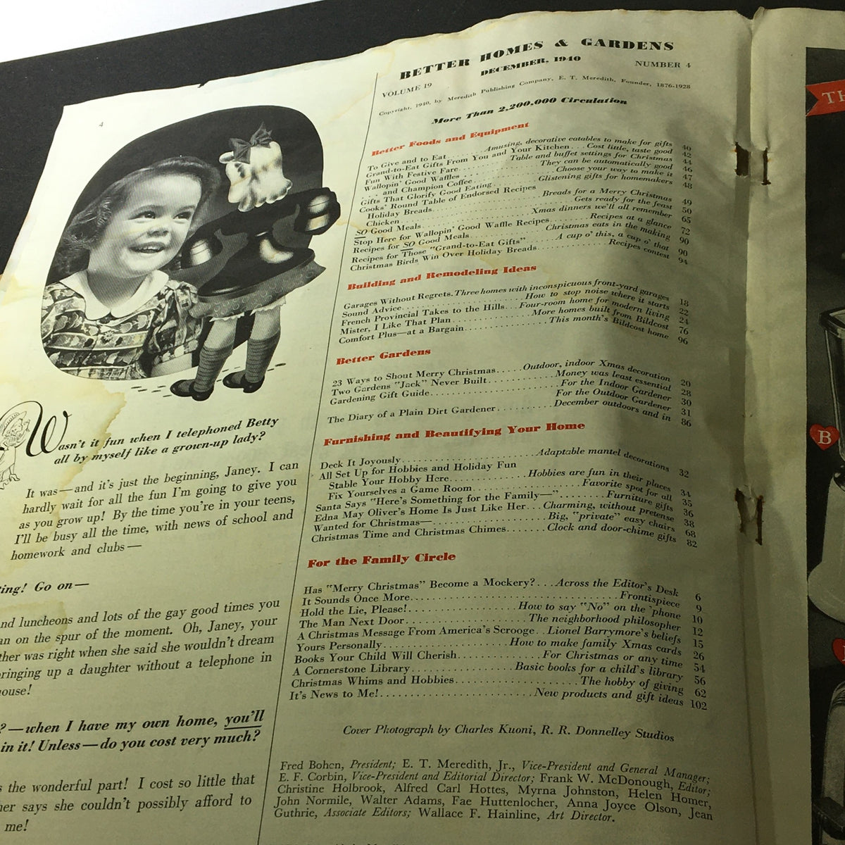 Inside page of VTG Better Homes & Gardens December 1940 magazine, showcasing the index with a smiling child and various homemaking tips.