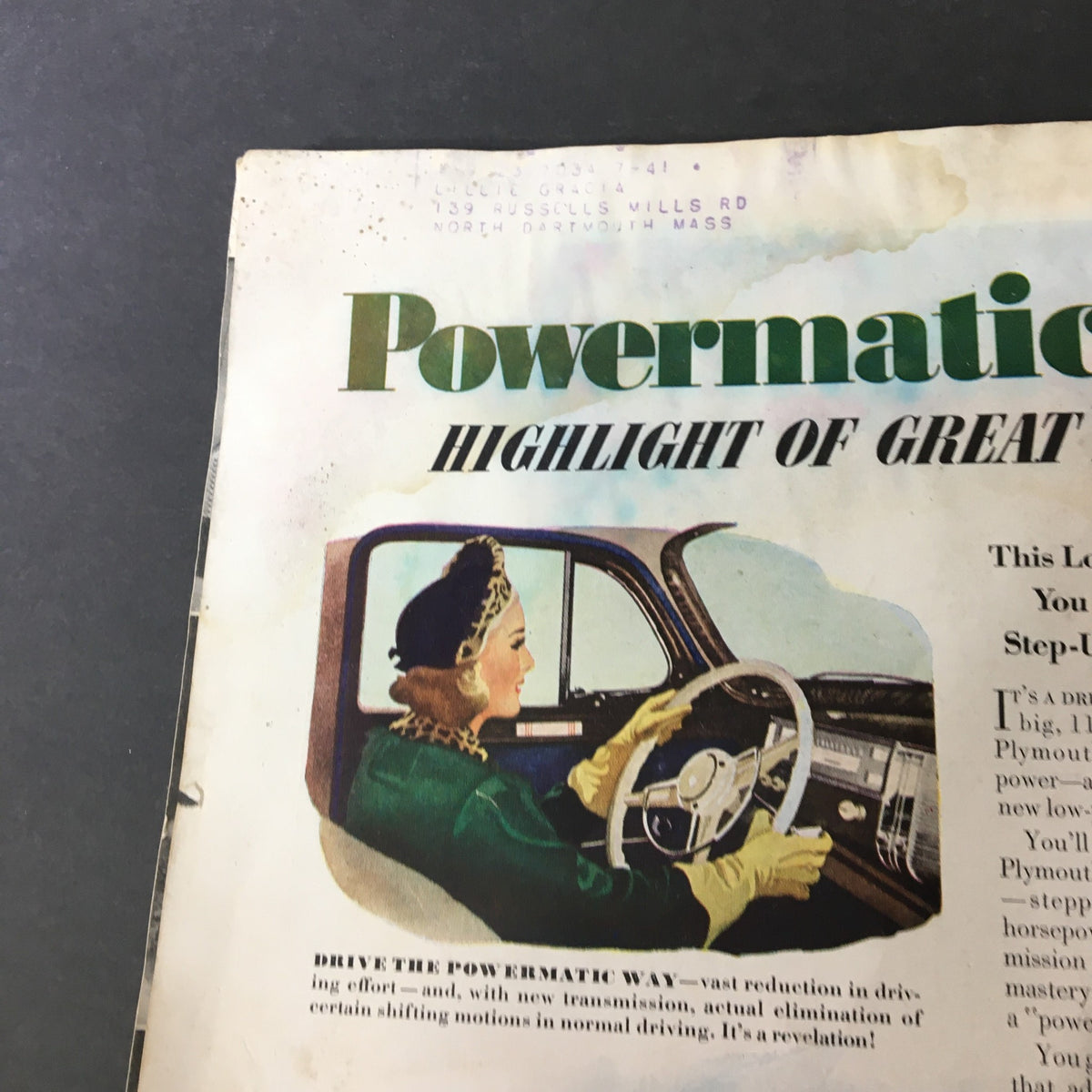 Detailed view of the back advertisement of VTG Better Homes & Gardens December 1940, highlighting the Powermatic transmission feature in a vintage Plymouth.