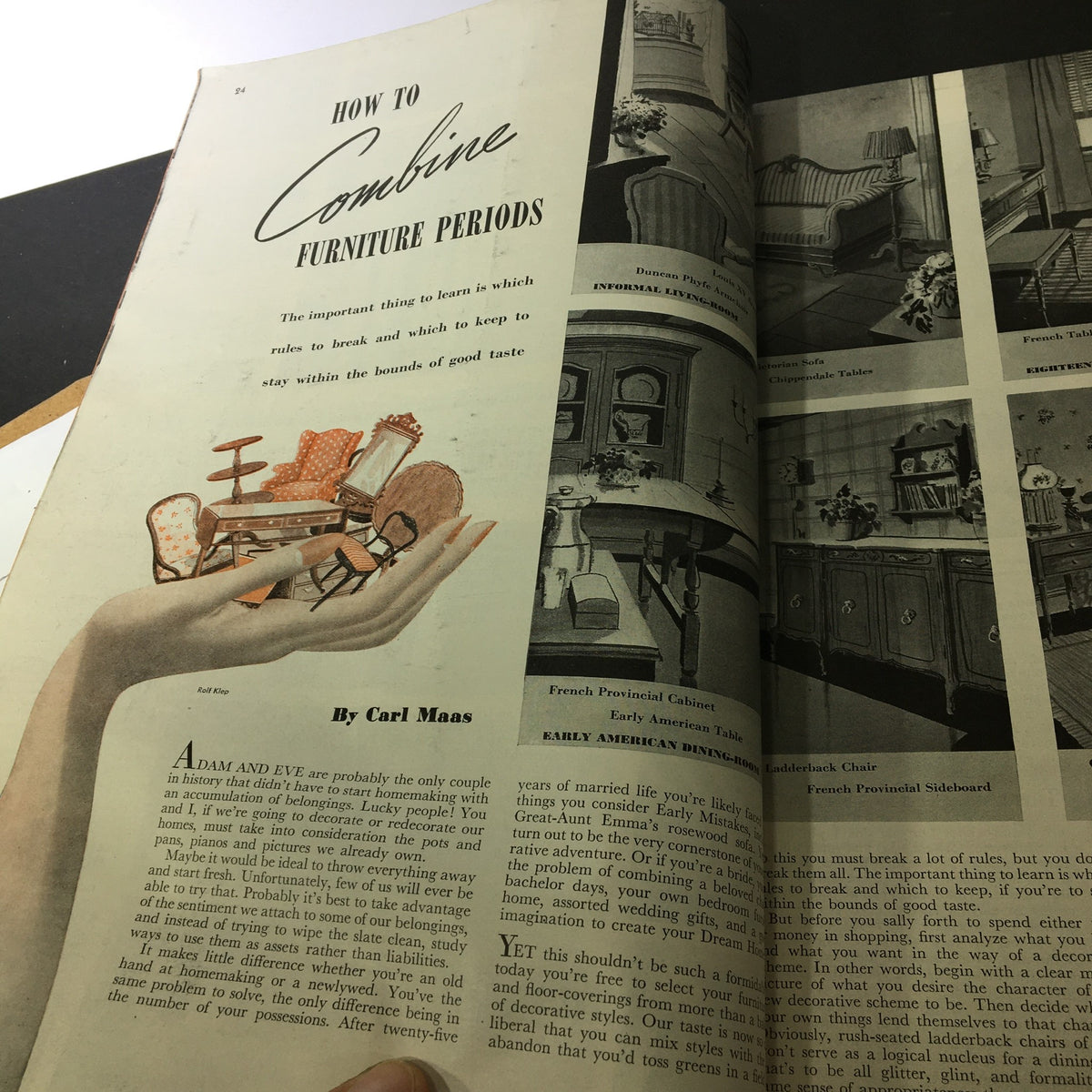 Informative article from VTG Better Homes & Gardens August 1939 Vol 17 #12 titled 'How to Combine Furniture Periods', providing tips on mixing different furniture styles.