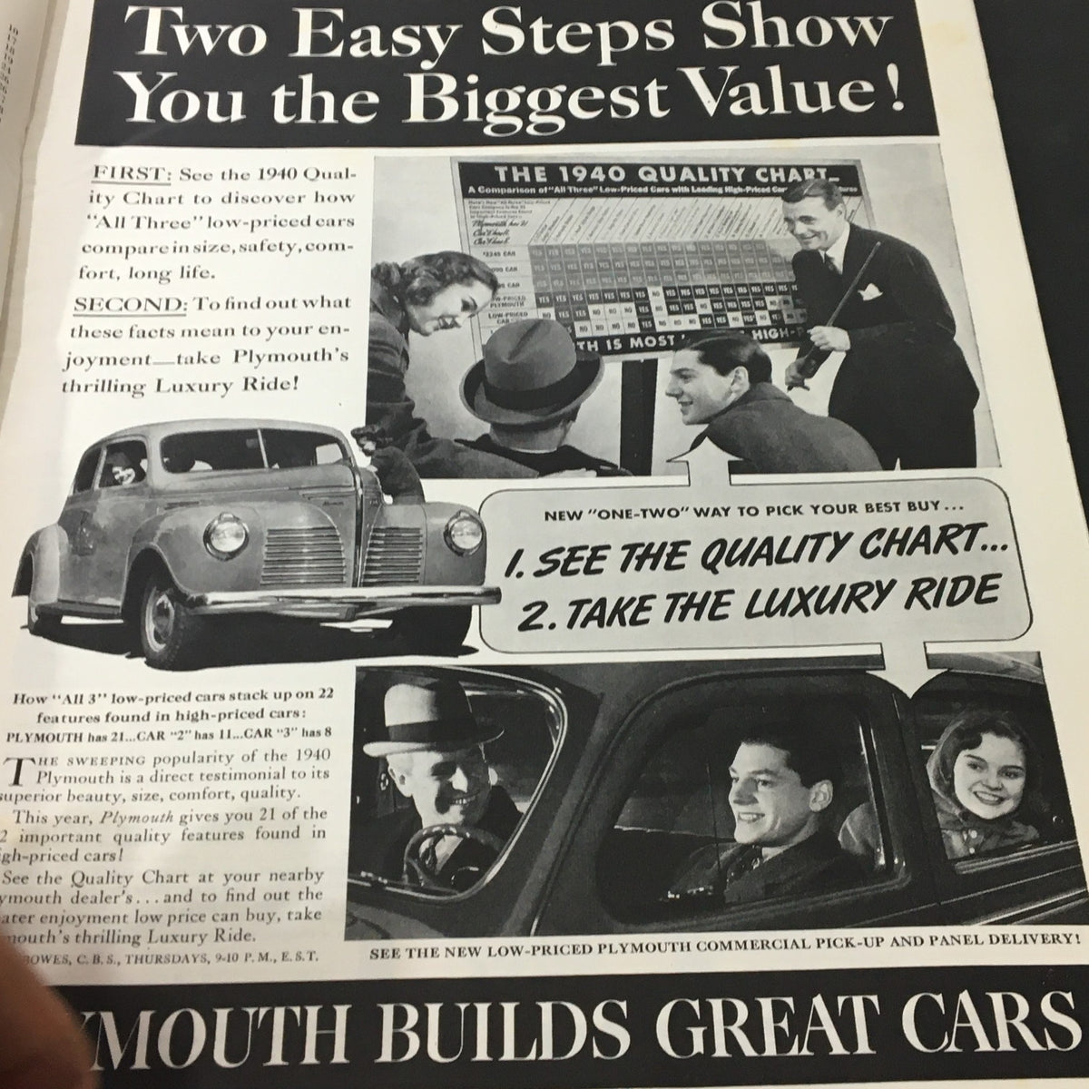 Advertisement page from the Vintage Better Homes & Gardens March 1940 issue showcasing Plymouth cars with tips on choosing the best vehicle and comparing quality.