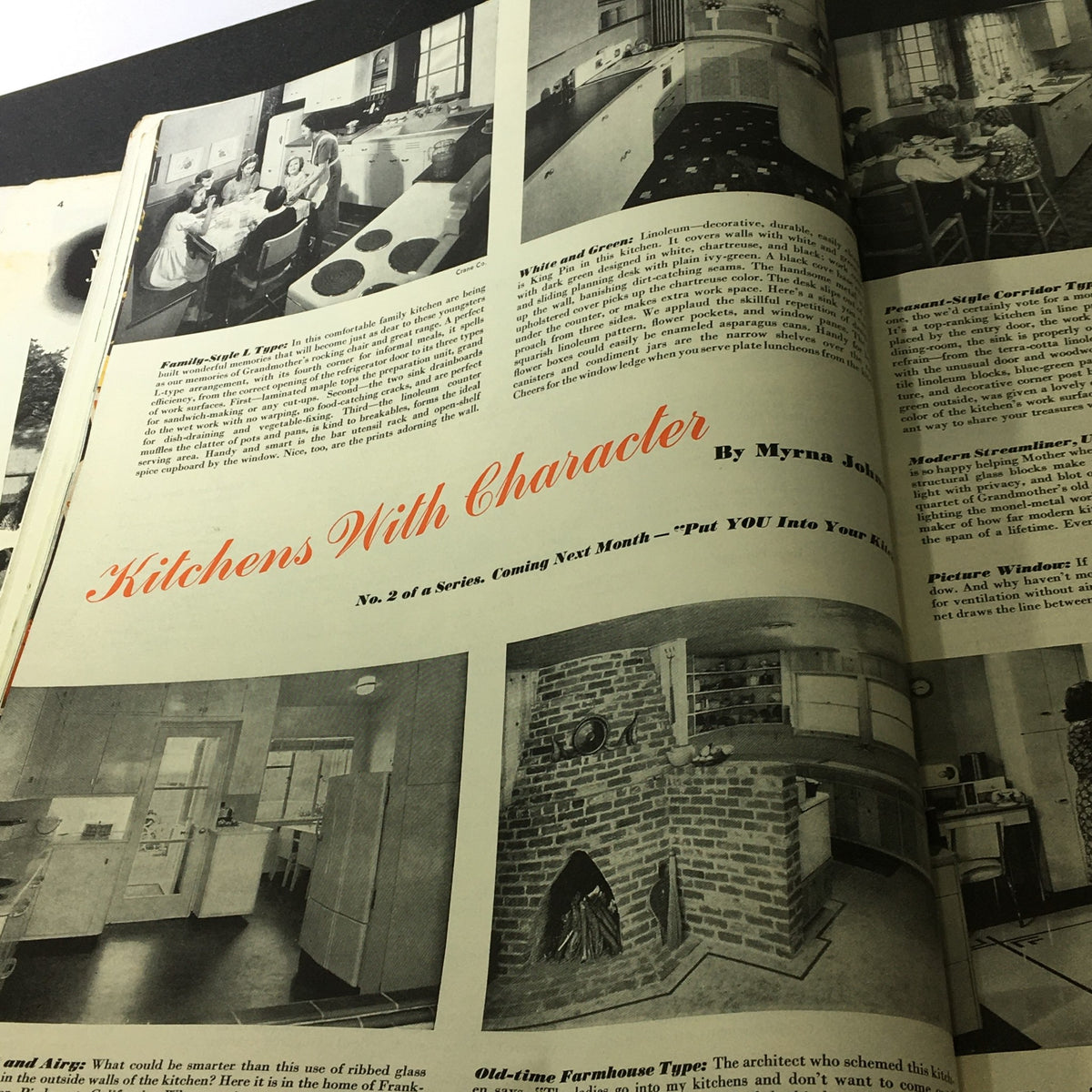 Interior page titled 'Kitchens With Character' from the Vintage Better Homes & Gardens March 1940 issue, featuring photos and descriptions of stylish kitchen designs from the era.