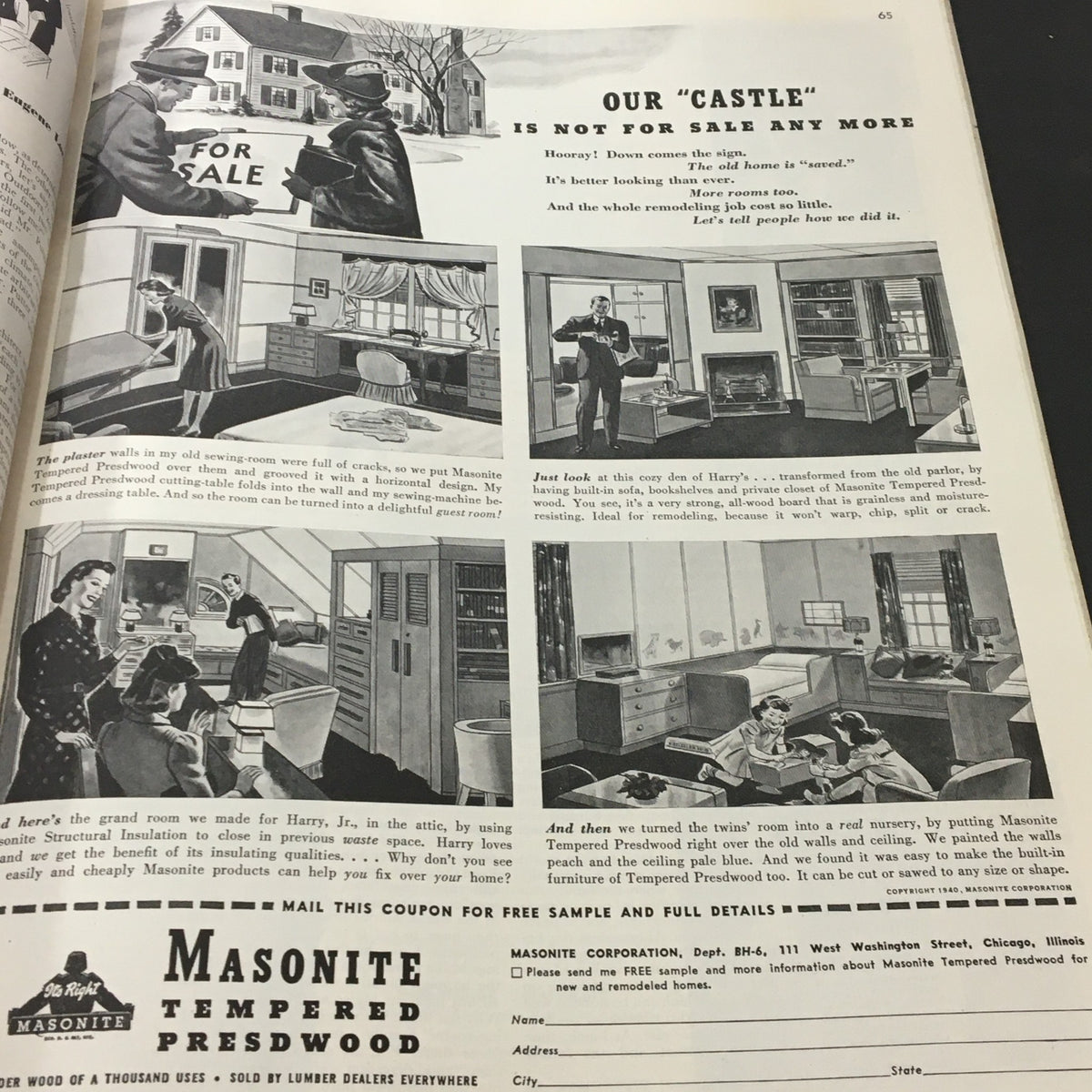 Illustration depicting home renovations and improvements in Better Homes & Gardens March 1940, showcasing a cozy living room and household changes.