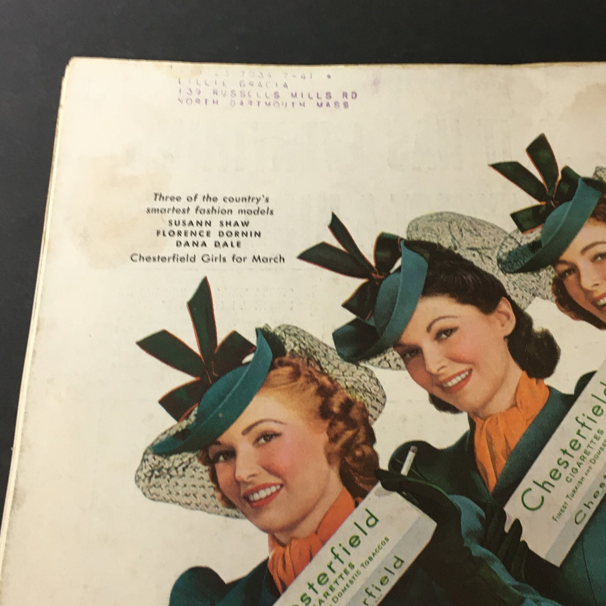 Close-up of Chesterfield cigarette advertisement showing three models and the promotional tagline, from Better Homes & Gardens March 1940.